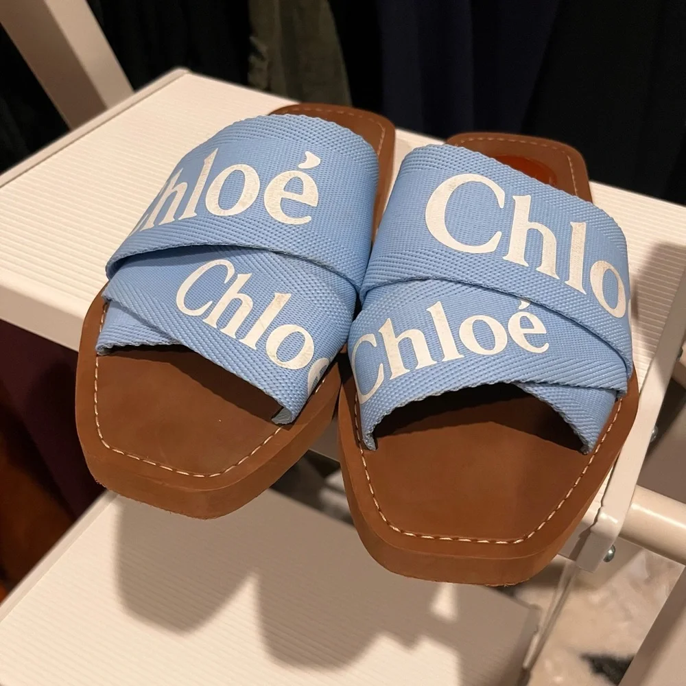 Chloe Light Blue Canvas/Brown Leather Woody Slide Sandals - Picture 4 of 8